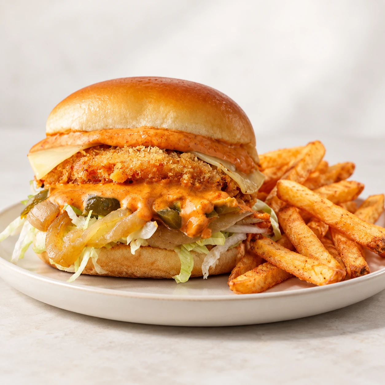 Chicken Burger & Fries · Styled